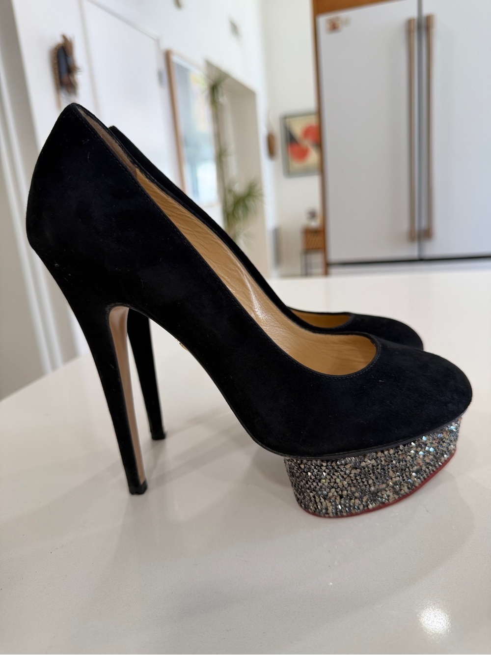 Charlotte Olympia Black Suede Platform Pumps with Crystal-Embellishments.
